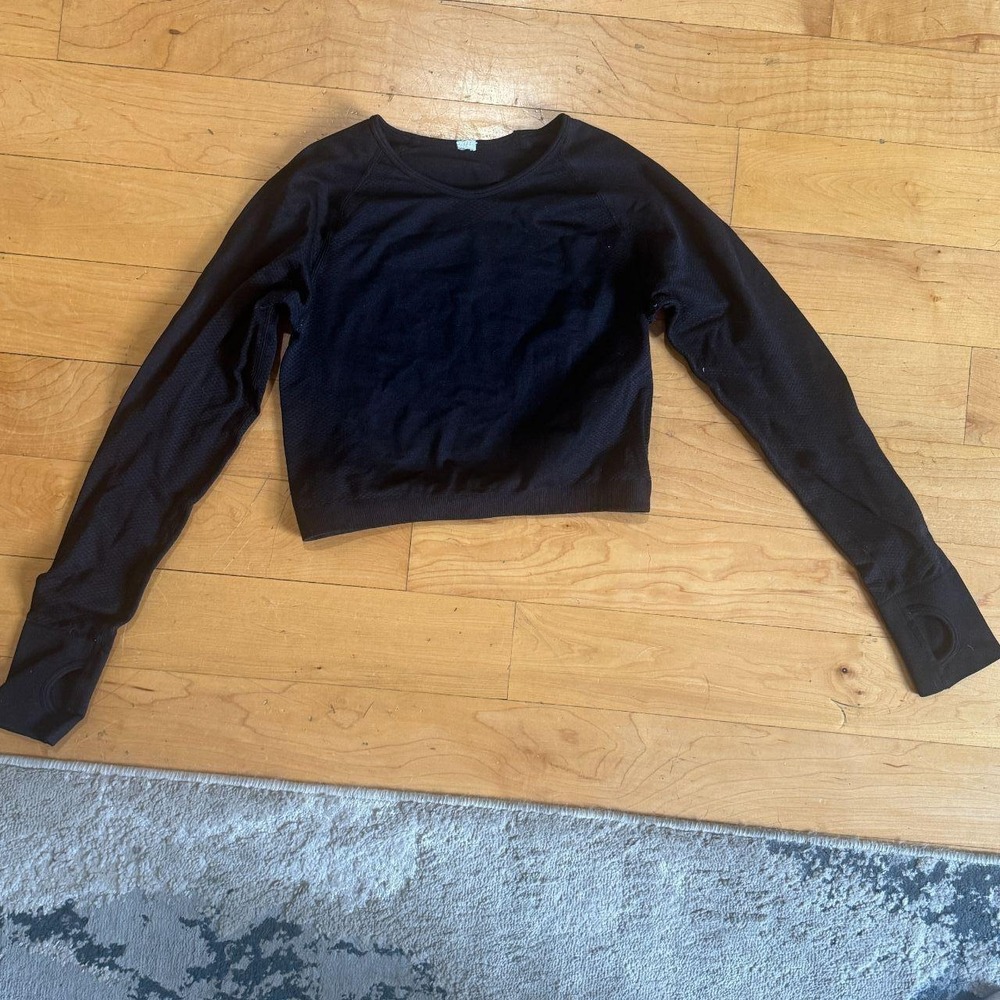 Black Long Sleeve Compression Gym Top Cropped Workout Shirt Small